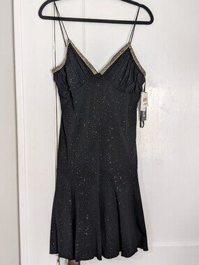 Eva Blue Women's S/M Black Sparkly Beaded Mini Dress Sleeveless Y2K NWT V Cut